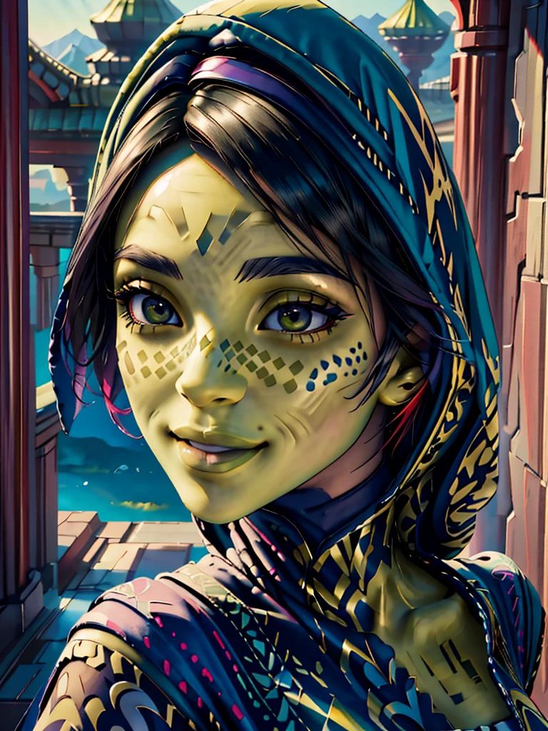 (best quality, masterpiece, beautiful and aesthetic:1.2, colorful, dynamic angle, highest detailed face)1girl,barissoffee, hood up, (green skin:1.4), facial tattoo,upper body portrait, looking at viewer, smiling(high contrast, official art, extreme detailed, highest detailed)