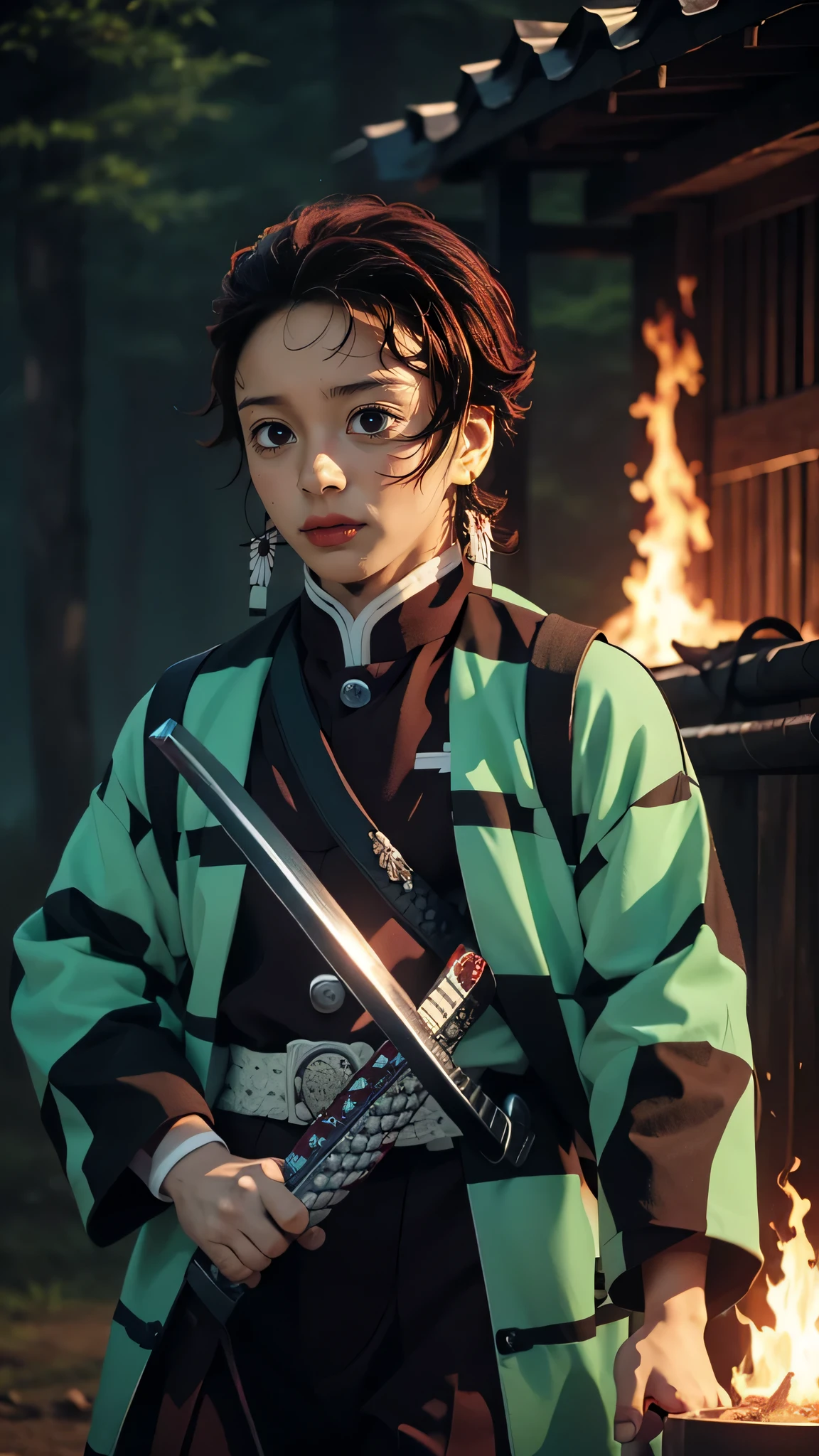 Anime character with a sword on the background of fire and water, mist,  Earrings, Cute guy in Demon Slayer art, Demon Slayer Art Style, demon slayer rui fanart, badass anime 8 k, Demon Slayer, Anime Key Art, 4 k manga wallpapers, kimetsu no yaiba, anime wallaper, Ultra Transparent, Ultra Detailed, very extremely beautiful, anime epic artwork, Anime Art Wallpapers 8K, Local Art