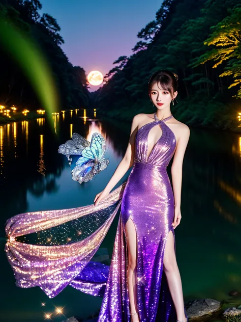 high quality photo,right lips and eye's, (not any mistakes) beautiful shinobu kocho, wearing glittering purple short party dress...