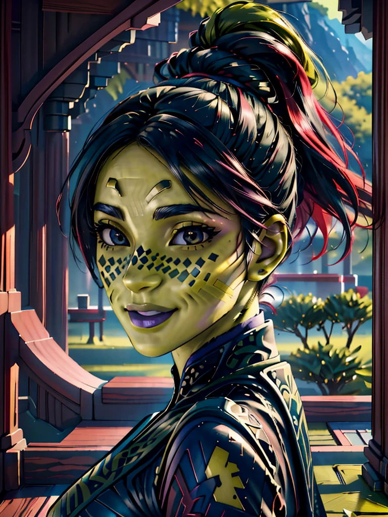 (best quality, masterpiece, beautiful and aesthetic:1.2, colorful, dynamic angle, highest detailed face)1girl,barissoffee, ninja, (green skin:1.4), facial tattoo,upper body portrait, looking at viewer, smiling(high contrast, official art, extreme detailed, highest detailed)