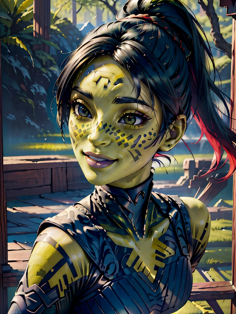 (best quality, masterpiece, beautiful and aesthetic:1.2, colorful, dynamic angle, highest detailed face)1girl,barissoffee, ninja, (green skin:1.4), facial tattoo,upper body portrait, looking at viewer, smiling(high contrast, official art, extreme detailed, highest detailed)