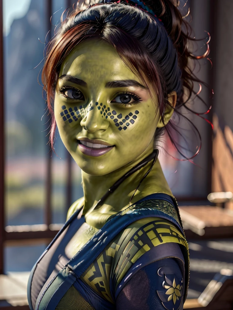 (best quality, masterpiece, beautiful and aesthetic:1.2, colorful, dynamic angle, highest detailed face)1girl,barissoffee, ninja, (green skin:1.4), facial tattoo,upper body portrait, looking at viewer, smiling(high contrast, official art, extreme detailed, highest detailed)