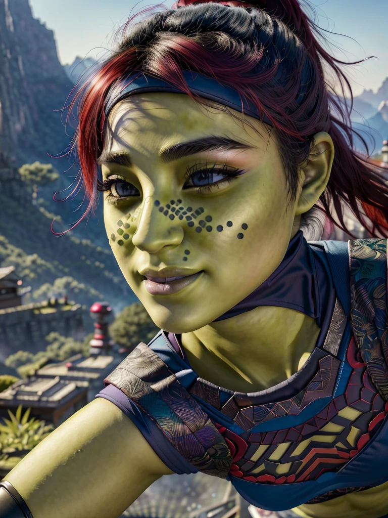 (best quality, masterpiece, beautiful and aesthetic:1.2, colorful, dynamic angle, highest detailed face)1girl,barissoffee, ninja, ninja_clothes, (green skin:1.4), facial tattoo,upper body portrait, looking at viewer, smiling(high contrast, official art, extreme detailed, highest detailed)