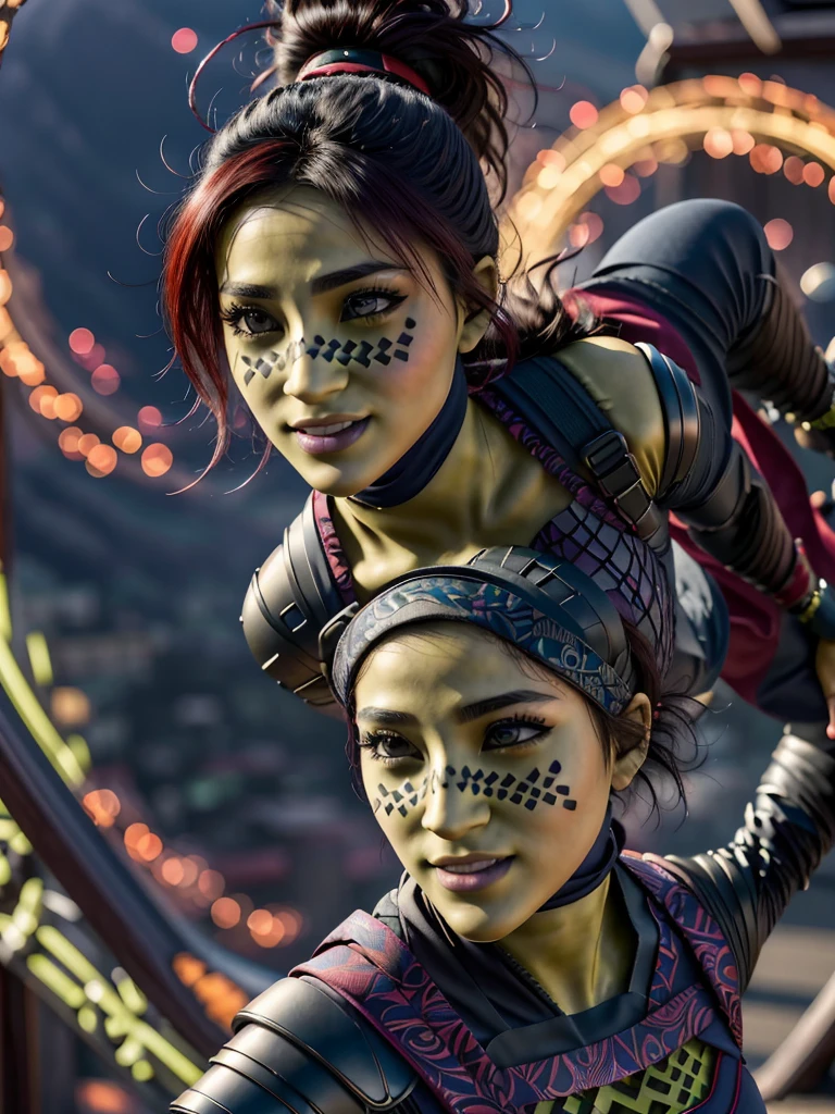 (best quality, masterpiece, beautiful and aesthetic:1.2, colorful, dynamic angle, highest detailed face)1girl,barissoffee, ninja, ninja_clothes, armor, black latex, (green skin:1.4), facial tattoo,upper body portrait, looking at viewer, smiling(high contrast, official art, extreme detailed, highest detailed)