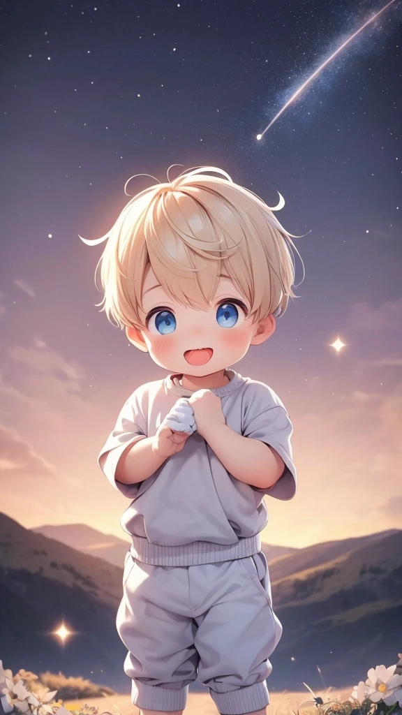 Cute little cute little boy standing up he is blonde and is sticking out his tongue and doing it with his fingers 👉🏻👈🏻 He's standing the scenery behind has bright floating stars and the boy is standing He's wearing a glove 