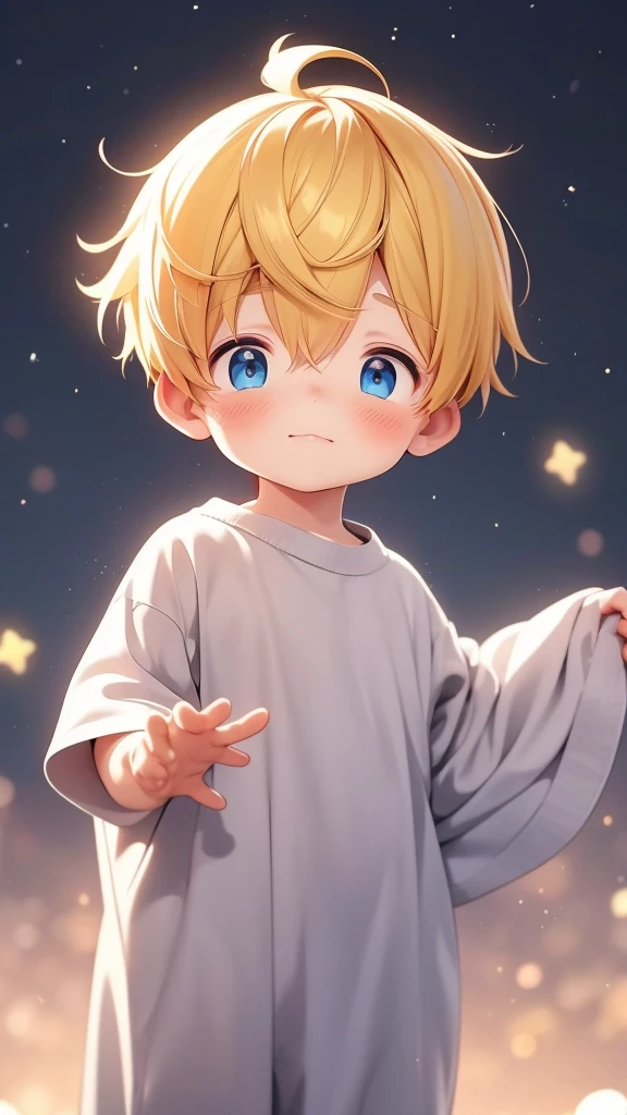 cute little boy with yellow hair standing cute and small he is wearing a cute outfit and behind the backdrop there are beautiful floating shining stars he is a little sad 