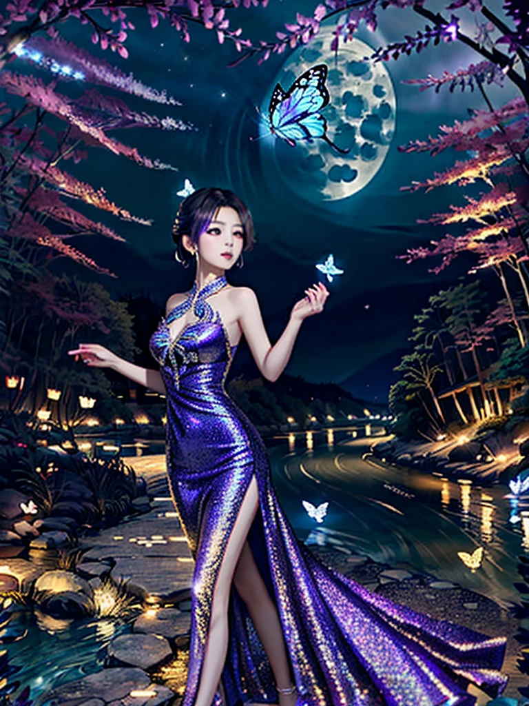 High quality photo,right lips and eye's, (not any mistakes) beautiful shinobu kocho, wearing glittering purple short party dress, angelic, , elegant and graceful, butterfly, sparkling, at a night forest moonlight river side