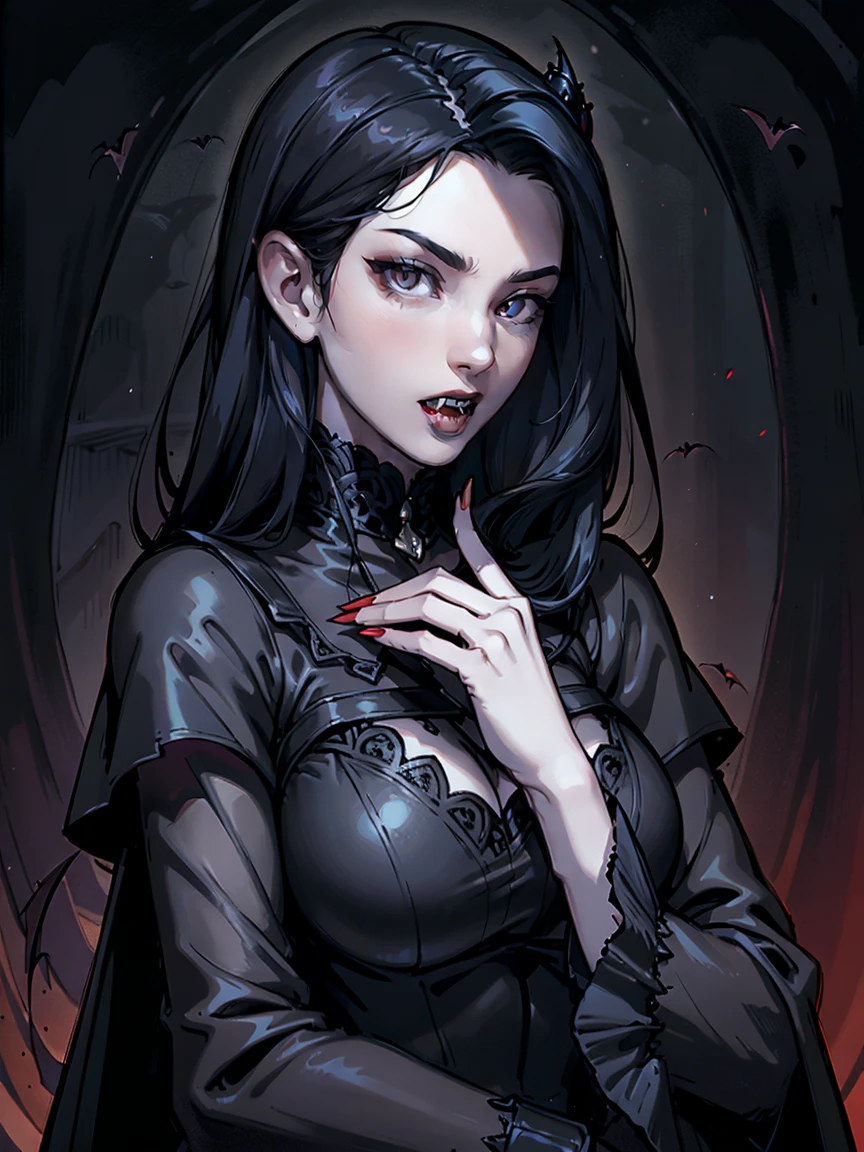 absurdres, ((stunning female Vampire))), goth Renaissance, (long black hair:1.3), perfect and detailed angular sharp oval shaped face, ((whiteeyes)), jewelry, red and black tetradic colors, full lips, gothic castle background, (solo), perfect anatomy, approaching perfection, ethereal, intricate details, ultra-high definition, 12k resolution, goth aesthetic, smooth, sharp focus, dreamy, glowing, backlit, glamour, glimmer, fantastical, shadows, smooth, Gothic crown, illustration