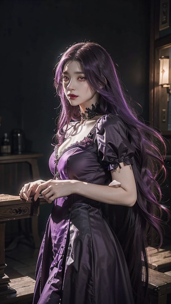 Woman, jellyfish, (feudal middle age:1.1), Slavic appearance, (long straight purple hair gradient pro red), (red eyes), (strong expression look), purple lipstick, fair skin, (black color gothic clothes with red details:1.1), yellow scales on the hands, cinematic lighting, mystical atmosphere, dynamic focus, ultra reality, ultra realistic, ultra quality, real, real texture:1.1, realistic clothes:1.1, 8k insaneres,  absurd,