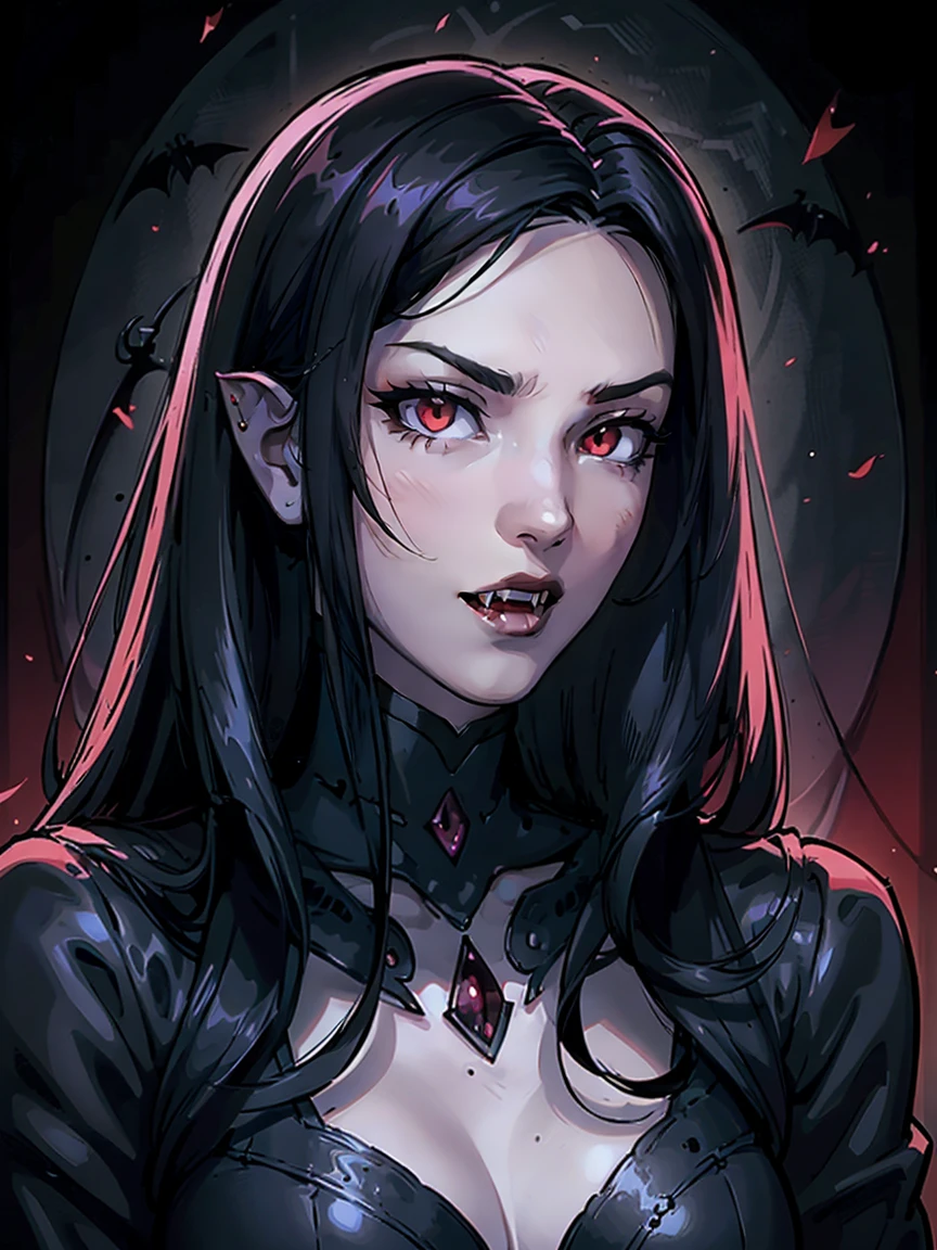 absurdres, ((stunning female Vampire))), goth Renaissance, (long black hair:1.3), perfect and detailed angular sharp oval shaped face, ((whiteeyes)), jewelry, red and black tetradic colors, full lips, gothic castle background, (solo), perfect anatomy, approaching perfection, ethereal, intricate details, ultra-high definition, 12k resolution, goth aesthetic, smooth, sharp focus, dreamy, glowing, backlit, glamour, glimmer, fantastical, shadows, smooth, Gothic crown, illustration