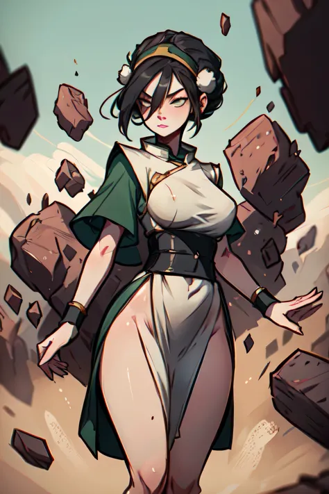 (sexly:)2,1 toph em fong, breasts big:1,1 short black hair, eye white, headband,hair ornament, blind, green chinese clothes, tun...