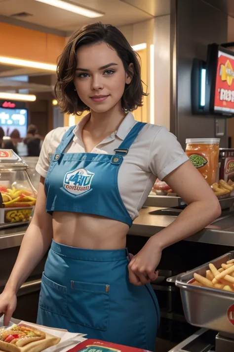 daisy ridley as a fast food worker, fast food restaurant, fast food counter, sexy fast food apron, sexy fast food uniform, midri...