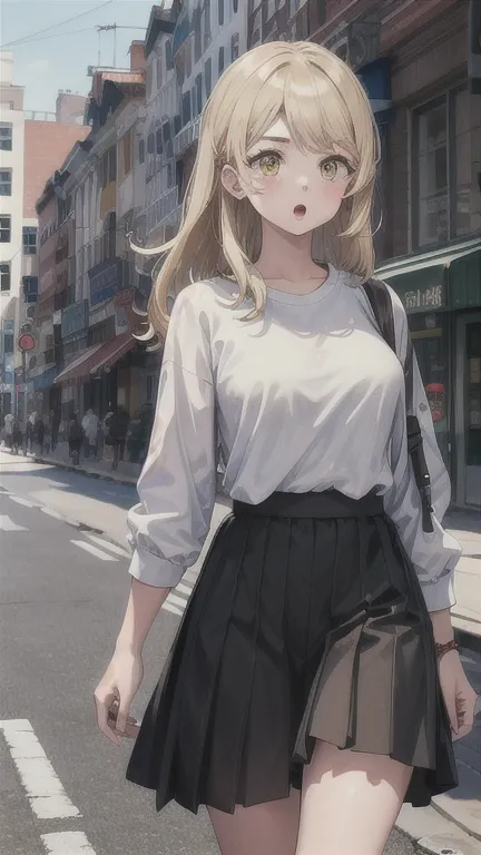 masterpiece, best quality, highres, aaemma, long hair, blonde hair, yellow eyes, , skirt walking, cowboy shot, :o, street,