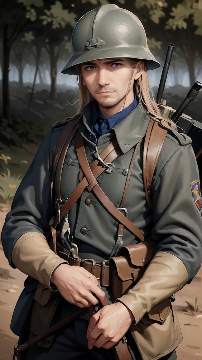 (masterpiece), best quality, expressive eyes, perfect face, All quiet on western Front, man, trenches, dirty, uniform, realistic, HD, Rifle, Orlando Bloom, big bag, French army, regiment, France, aiming position, pov, Far view, shot, shooting, fighting