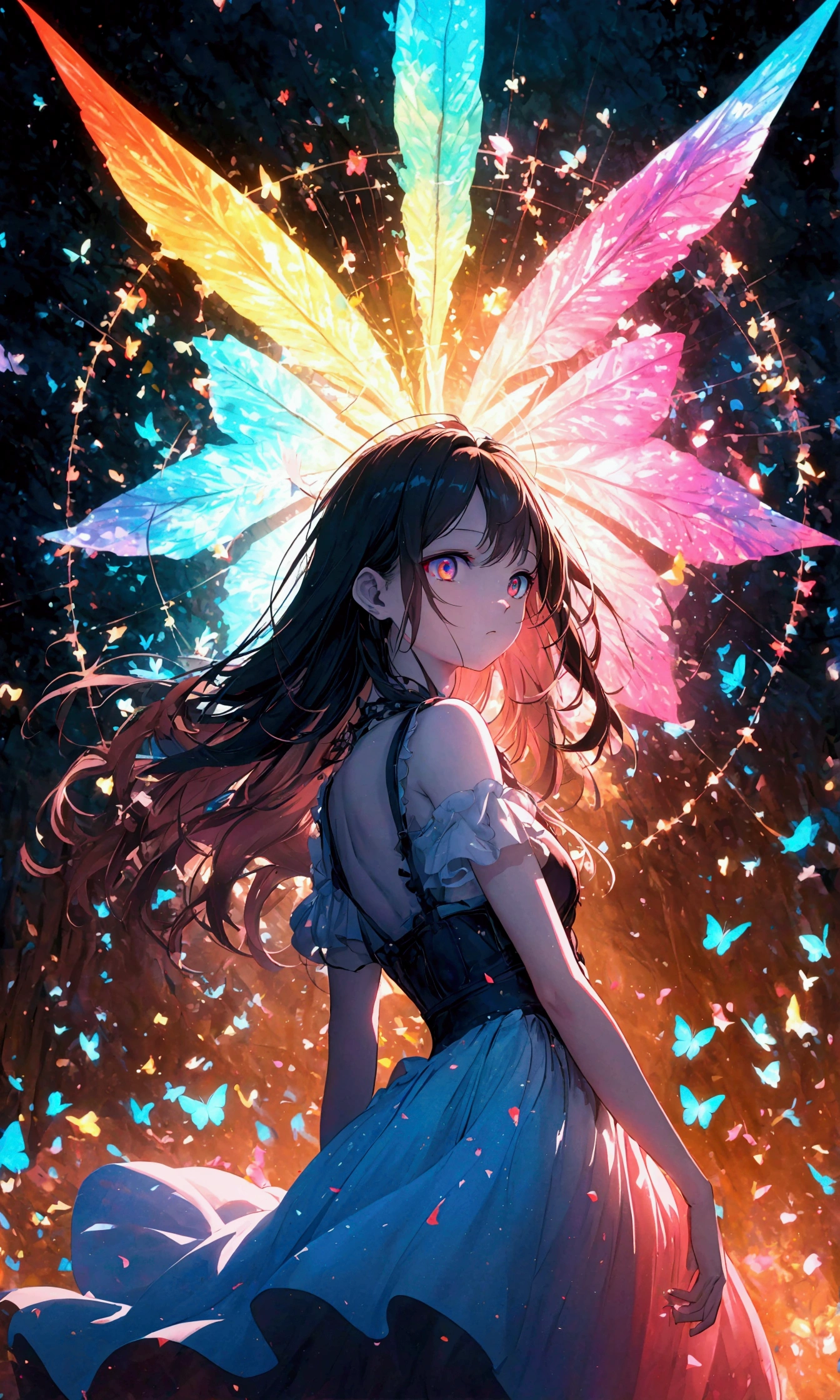 (woman\(student, 15 years old, ＪＫ, Long Hair, Colorful eyes, Pale skin，) Looking up at the sky), (Many butterflies flying in the sky), Beautiful sky, summer，Colorful flowers are blooming everywhere, Mysterious and dreamy ,Giant Tree，quality\(8K,CG wallpaper, masterpiece,High resolution,top-quality,Surrealism,Increased resolution,RAW Photos,Best quality,Very detailed,Light,Ray Tracing,Golden Ratio)