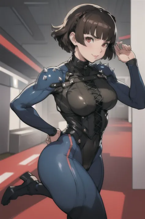 fat face line, makoto niijima (persona) niijima makoto (persona), dark full bodysuit, laces, shoulder spikes
masterpiece, best q...