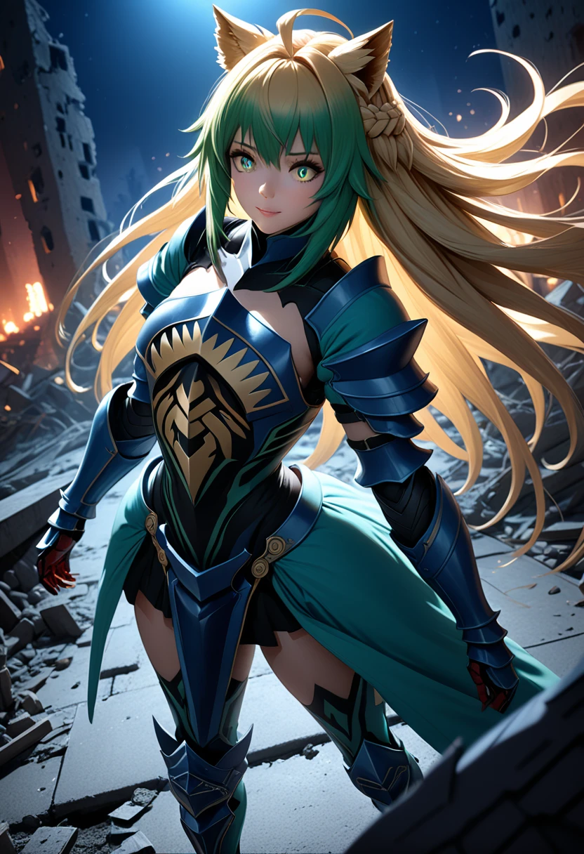 (masterpiece, top quality, best quality, beautiful and aesthetic:1.2), full body, SFW, extremely detailed, detailed face and eyes, cinematic light, depth of field, 1girl, seducing smile, solo, official, (full armored knight:1.4), atalanta fate, blonde with green hair, long hair, slim body, cinematic lighting, dramatic lighting, dramatic atmosphere, hyper-realistic, high resolution, stunning contrast, high quality, best quality, 8k, 4k, intricately detailed, (amazing details:1.2), highly detailed skin, powerful presence, vibrant colors, (detailed eyes:1.2), striking eyes, (detailed background), (warzone on background, night, ruins), (dynamic angle:1.2), (dynamic pose:1.2)