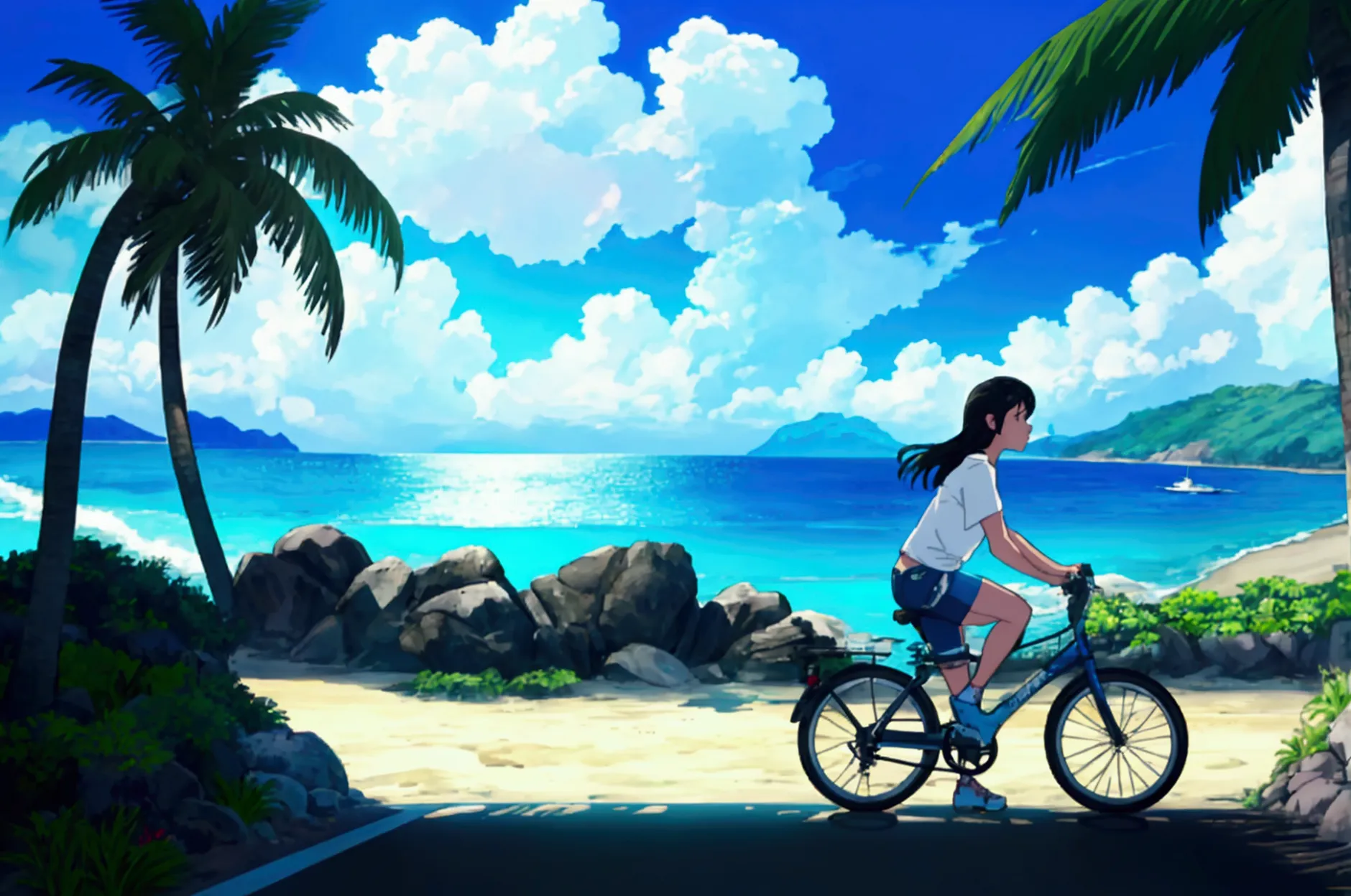 a woman riding a cruiser bicycle on a paved road next to a hawaiian beach in the morning, wearing an oversized white t-shirt and...