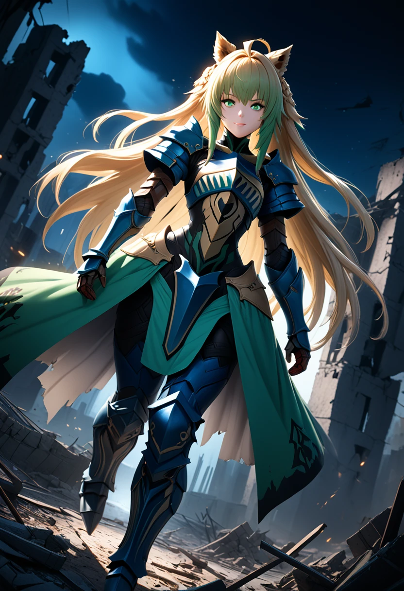 (masterpiece, top quality, best quality, beautiful and aesthetic:1.2), full body, SFW, extremely detailed, detailed face and eyes, cinematic light, depth of field, 1girl, seducing smile, solo, official, (full armored knight:1.4), atalanta fate, blonde with green hair, long hair, slim body, cinematic lighting, dramatic lighting, dramatic atmosphere, hyper-realistic, high resolution, stunning contrast, high quality, best quality, 8k, 4k, intricately detailed, (amazing details:1.2), highly detailed skin, powerful presence, vibrant colors, (detailed eyes:1.2), striking eyes, (detailed background), (warzone on background, night, ruins), (dynamic angle:1.2), (dynamic pose:1.2)