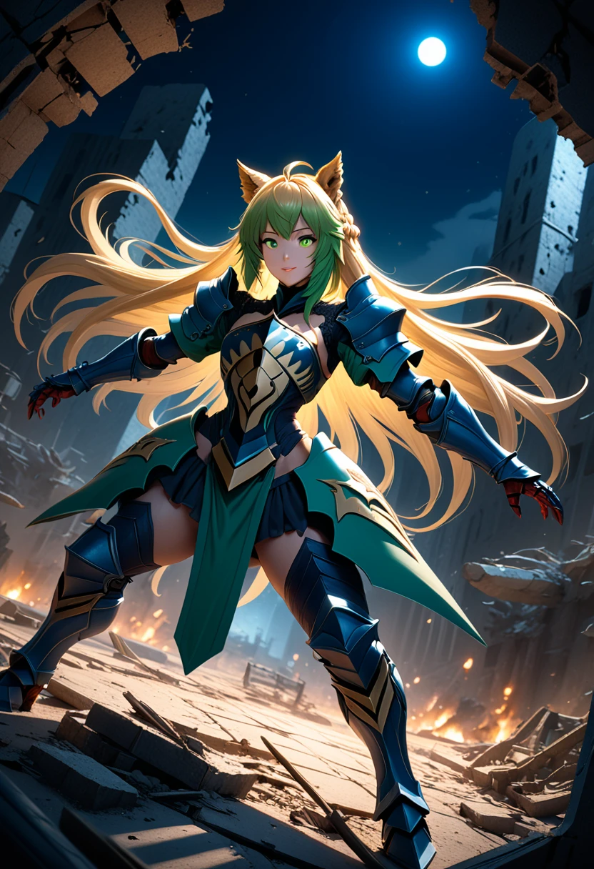 (masterpiece, top quality, best quality, beautiful and aesthetic:1.2), full body, SFW, extremely detailed, detailed face and eyes, cinematic light, depth of field, 1girl, seducing smile, solo, official, (full armored knight:1.4), atalanta fate, blonde with green hair, long hair, slim body, cinematic lighting, dramatic lighting, dramatic atmosphere, hyper-realistic, high resolution, stunning contrast, high quality, best quality, 8k, 4k, intricately detailed, (amazing details:1.2), highly detailed skin, powerful presence, vibrant colors, (detailed eyes:1.2), striking eyes, (detailed background), (warzone on background, night, ruins), (dynamic angle:1.2), (dynamic pose:1.2)