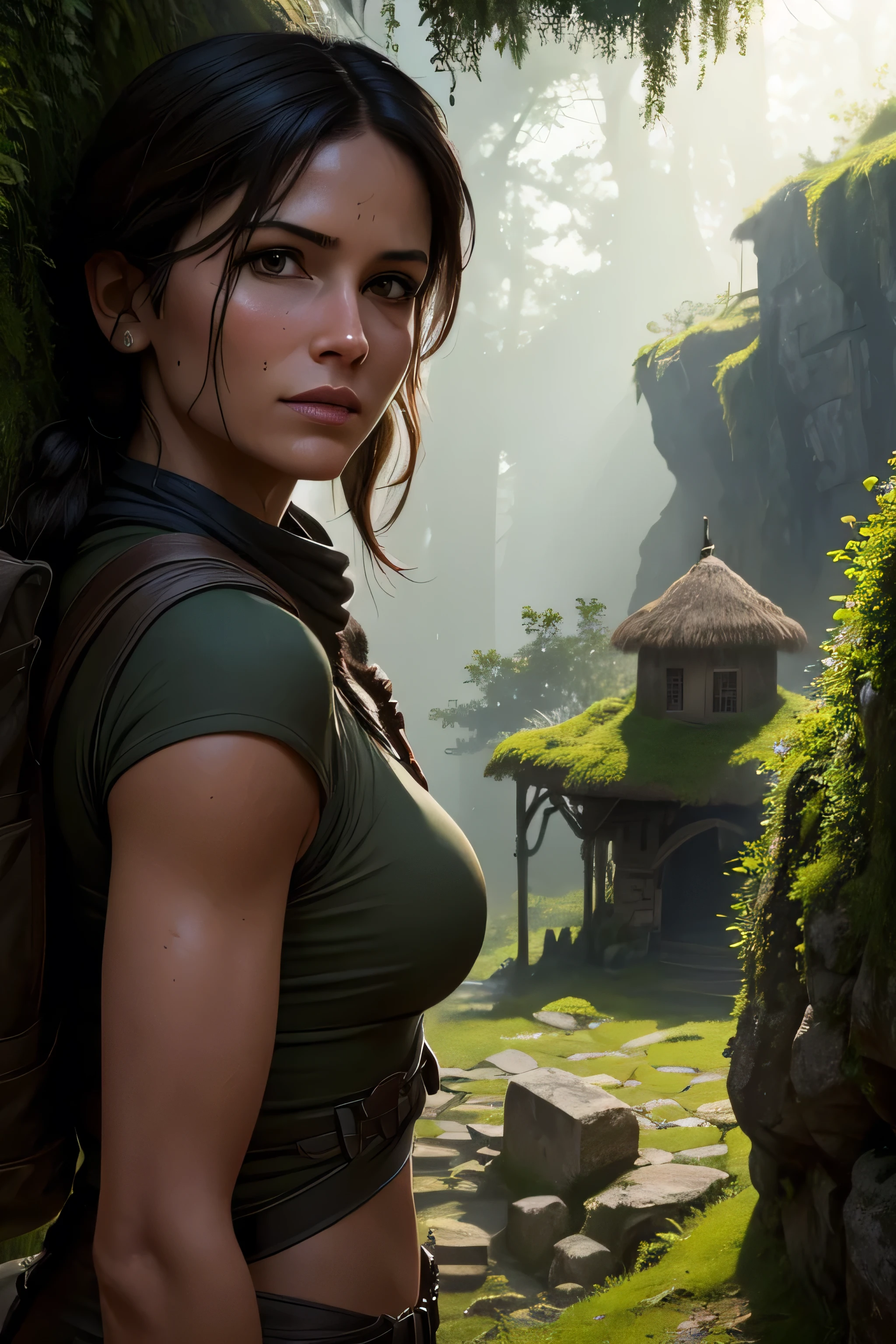 Lara Croft stands on an ancient stone pathway, holding an secret old torn map in her hand. In the background behind her are weathered temples risen from the dense greenery, their stone structures partially covered in vines and moss. The sky above is clear, allowing rays of sunlight to pierce through, illuminating the mist that hangs in the air. Nearby, there is a small village with thatched-roof huts and people engaged in various activities, suggesting a thriving, secluded community. DLSR, sharp focus, soft lighting, masterpiece, perfect face, ultra detailed face, perfect brown eyes, beautiful face, photorealistic, 8k, masterpiece, Lara is wearing a dark grey shirt and dark black pants, Lara is looking towards the camera
