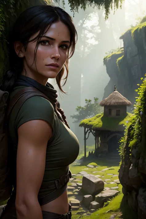 Lara Croft stands on an ancient stone pathway, holding an secret old torn map in her hand. In the background behind her are weat...