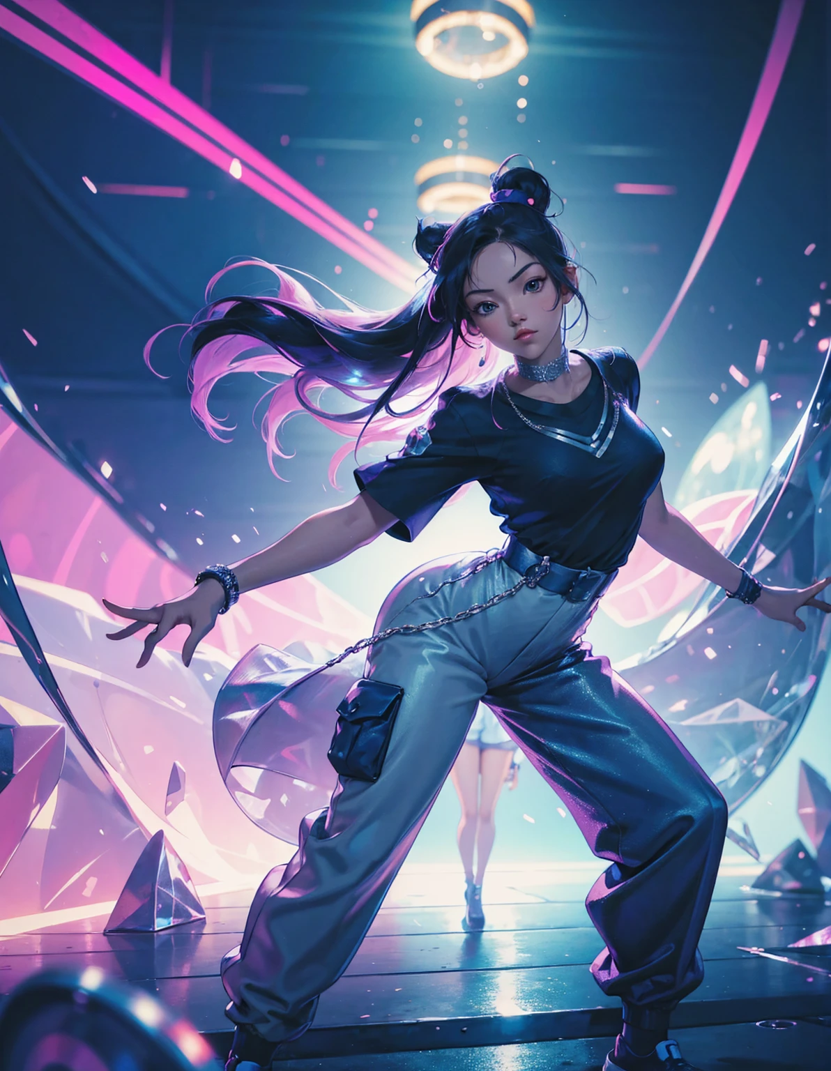 A cute anime girl performing a dynamic popping move, her body locking and popping with sharp, precise movements. Dancer wearing oversized T-shirt and baggy pants, popping dance pose, urban street style, loose-fitting clothes, vibrant colors, dynamic movement, street dance background, The background is a futuristic cityscape with neon lights. High-quality illustration, vibrant colors, detailed fabric textures. colorful illustrations, highly detailed, high resolution, in the style of digital painting, natural lighting, masterpiece, high definition, in the style of octane rendering, hyper realistic. --ar 5:7 --niji 6