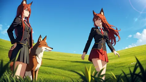 1girl ,20s,mature female,:o,(red hair),long hair,fox ears,(grass,blue sky,),necktie,black jacket, blazer,long sleeves,pleated sk...