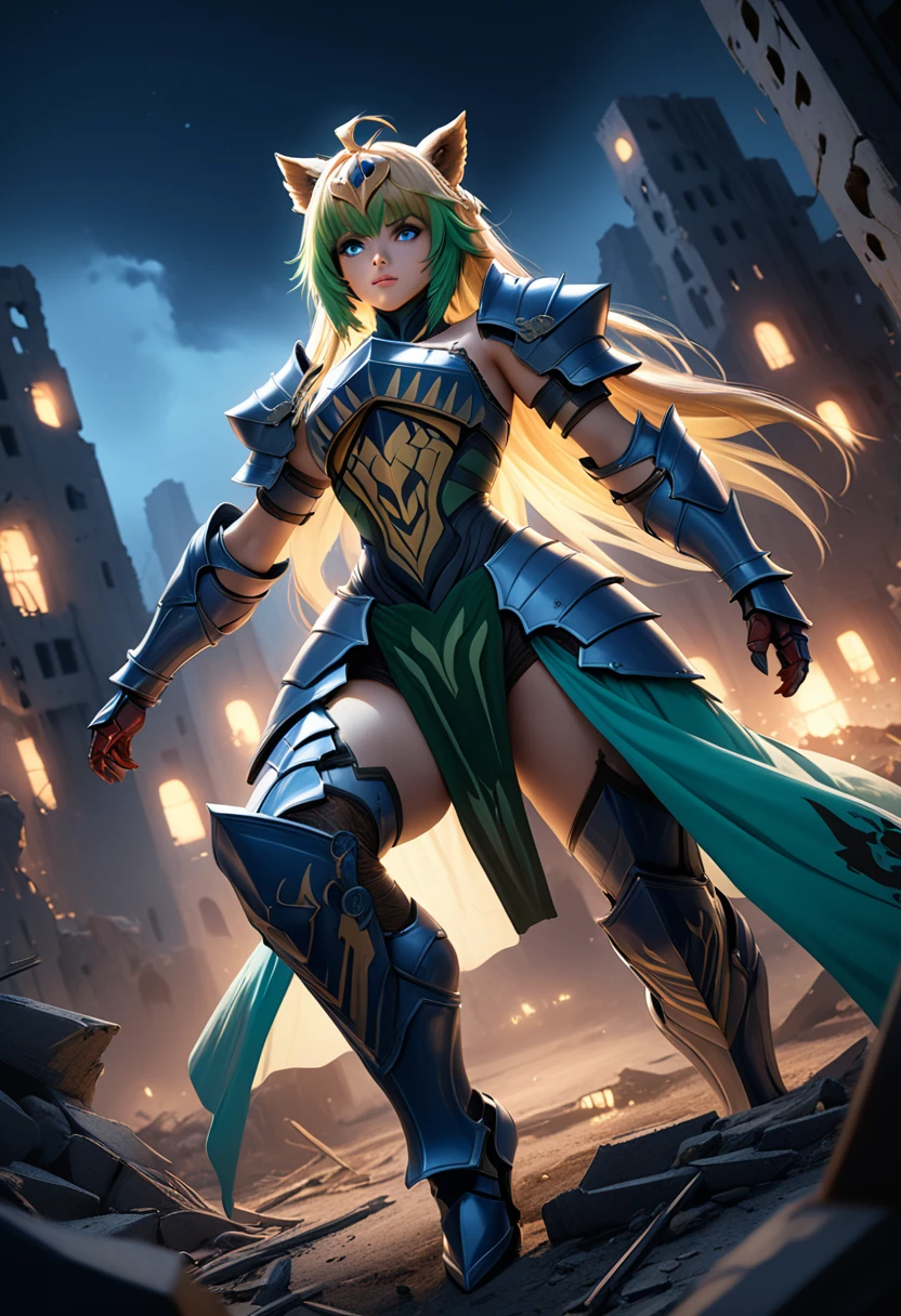 (masterpiece, top quality, best quality, beautiful and aesthetic:1.2), full body, SFW, extremely detailed, detailed eyes, detailed hands, cinematic light, depth of field, 1girl, seducing smile, solo, official, (full armored knight:1.4), Atalanta Fate, slim body, cinematic lighting, dramatic lighting, dramatic atmosphere, hyper-realistic, high resolution, stunning contrast, high quality, best quality, 8k, 4k, intricately detailed, (amazing details:1.2), highly detailed skin, powerful presence, vibrant colors, (detailed eyes:1.2), striking eyes, (detailed background), (warzone on background, night, ruins), (dynamic angle:1.2), (dynamic pose:1.2)