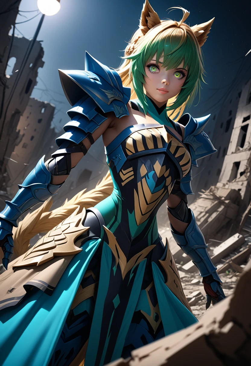 (masterpiece, top quality, best quality, beautiful and aesthetic:1.2), full body, SFW, extremely detailed, detailed eyes, green eyes, detailed hands, cinematic light, depth of field, 1girl, seducing smile, solo, official, (full armored knight:1.4), Atalanta Fate, slim body, cinematic lighting, dramatic lighting, dramatic atmosphere, hyper-realistic, high resolution, stunning contrast, high quality, best quality, 8k, 4k, intricately detailed, (amazing details:1.2), highly detailed skin, powerful presence, vibrant colors, (detailed eyes:1.2), striking eyes, (detailed background), (warzone on background, night, ruins), (dynamic angle:1.2), (dynamic pose:1.2)