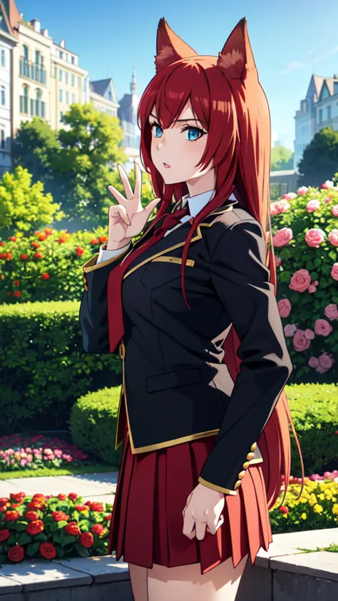 ((beautiful face)),1girl ,20s,mature female,:o,(red hair),long hair,fox ears,(garden,blue sky,city),necktie,black jacket, blazer...