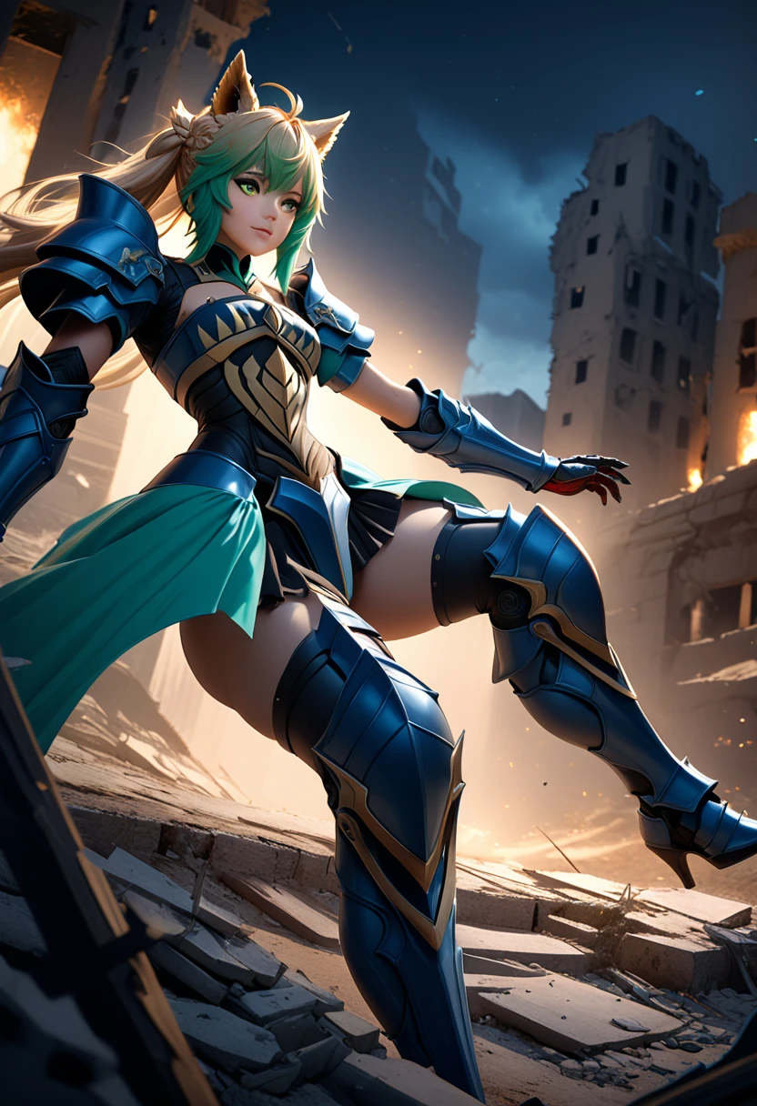 (masterpiece, top quality, best quality, beautiful and aesthetic:1.2), full body, SFW, extremely detailed, detailed eyes, green eyes, detailed hands, cinematic light, depth of field, 1girl, seducing smile, solo, official, (full armored knight:1.4), Atalanta Fate, slim body, cinematic lighting, dramatic lighting, dramatic atmosphere, hyper-realistic, high resolution, stunning contrast, high quality, best quality, 8k, 4k, intricately detailed, (amazing details:1.2), highly detailed skin, powerful presence, vibrant colors, (detailed eyes:1.2), striking eyes, (detailed background), (warzone on background, night, ruins), (dynamic angle:1.2), (dynamic pose:1.2)