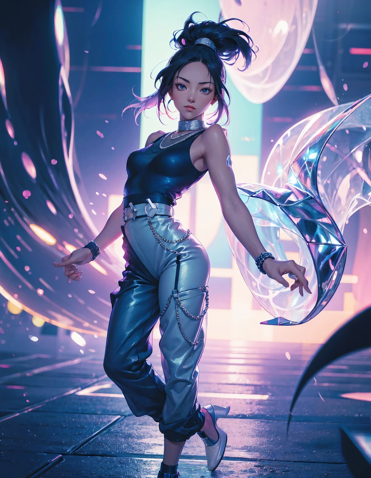 A cute anime girl performing a dynamic popping move, her body locking and popping with sharp, precise movements. Dancer wearing oversized T-shirt and baggy pants, popping dance pose, urban street style, loose-fitting clothes, vibrant colors, dynamic movement, street dance background, The background is a futuristic cityscape with neon lights. High-quality illustration, vibrant colors, detailed fabric textures. colorful illustrations, highly detailed, high resolution, in the style of digital painting, natural lighting, masterpiece, high definition, in the style of octane rendering, hyper realistic. --ar 5:7 --niji 6