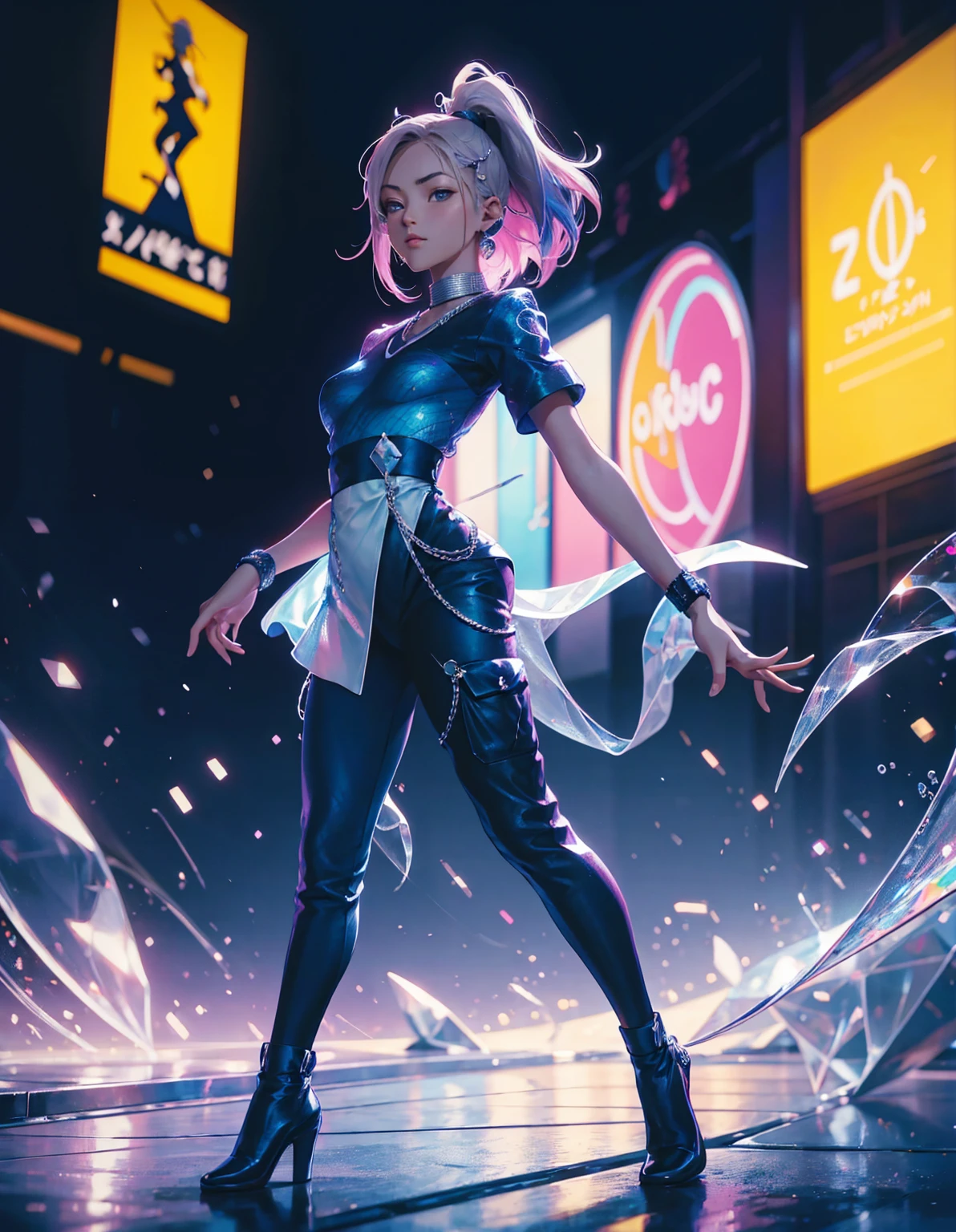 A cute anime girl performing a dynamic popping move, her body locking and popping with sharp, precise movements. Dancer wearing oversized T-shirt and baggy pants, popping dance pose, urban street style, loose-fitting clothes, vibrant colors, dynamic movement, street dance background, The background is a futuristic cityscape with neon lights. High-quality illustration, vibrant colors, detailed fabric textures. colorful illustrations, highly detailed, high resolution, in the style of digital painting, natural lighting, masterpiece, high definition, in the style of octane rendering, hyper realistic. --ar 5:7 --niji 6