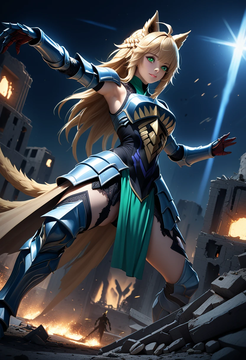 (masterpiece, top quality, best quality, beautiful and aesthetic:1.2), full body, SFW, extremely detailed, detailed eyes, green eyes, detailed hands, cinematic light, depth of field, 1girl, seducing smile, solo, official, (full armored knight:1.4), Atalanta Fate, slim body, cinematic lighting, dramatic lighting, dramatic atmosphere, hyper-realistic, high resolution, stunning contrast, high quality, best quality, 8k, 4k, intricately detailed, (amazing details:1.2), highly detailed skin, powerful presence, vibrant colors, (detailed eyes:1.2), striking eyes, (detailed background), (warzone on background, night, ruins), (dynamic angle:1.2), (dynamic pose:1.2)