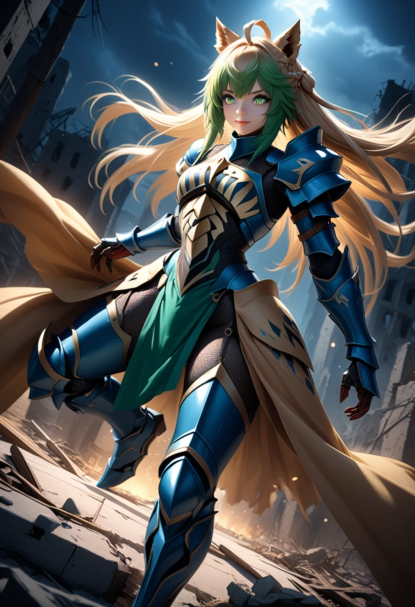 (masterpiece, top quality, best quality, beautiful and aesthetic:1.2), full body, SFW, extremely detailed, detailed eyes, green eyes, detailed hands, cinematic light, depth of field, 1girl, seducing smile, solo, official, (full armored knight:1.4), Atalanta Fate, slim body, cinematic lighting, dramatic lighting, dramatic atmosphere, hyper-realistic, high resolution, stunning contrast, high quality, best quality, 8k, 4k, intricately detailed, (amazing details:1.2), highly detailed skin, powerful presence, vibrant colors, (detailed eyes:1.2), striking eyes, (detailed background), (warzone on background, night, ruins), (dynamic angle:1.2), (dynamic pose:1.2)