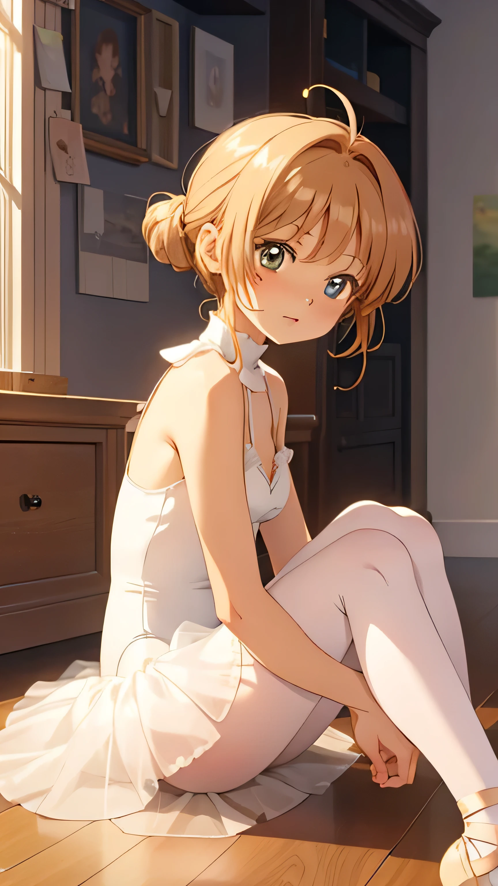 masterpiece, best quality, highres, perfect pixel, depth of field, 1girl, single, solo, beautiful anime girl, beautiful artstyle, (detailed face), (blush), anime CG style, (medium breasts), good lighting, perfect body, lips parted, (sakura kinomoto), glossy lips, cleavage, (ballerina), sleeveless leotard, (tutu), pantyhose, (sitting), (knees bent:1.2), wood floor