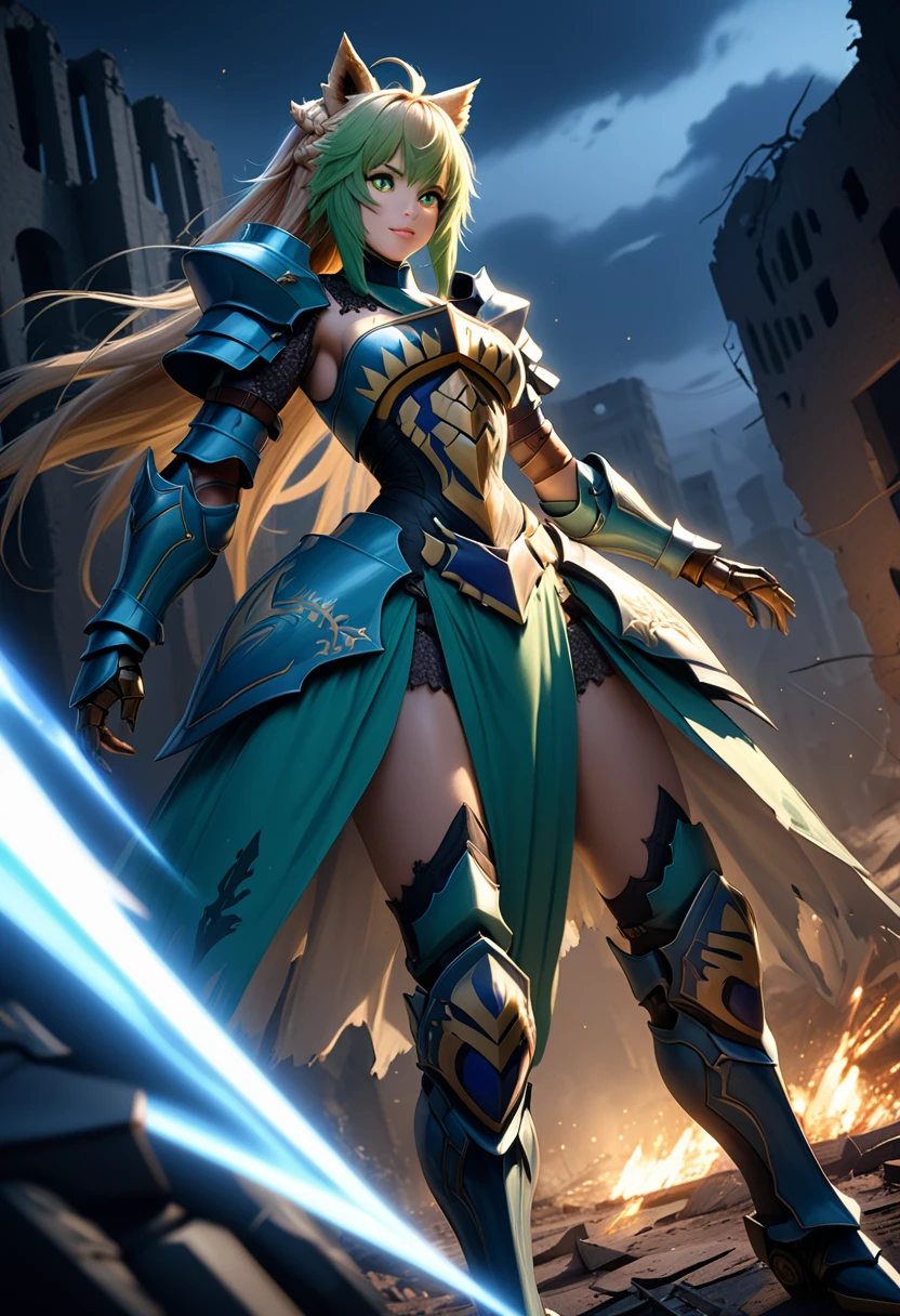 (masterpiece, top quality, best quality, beautiful and aesthetic:1.2), full body, SFW, extremely detailed, detailed eyes, green eyes, detailed hands, cinematic light, depth of field, 1girl, seducing smile, solo, official, (full armored knight:1.4), Atalanta Fate, slim body, cinematic lighting, dramatic lighting, dramatic atmosphere, hyper-realistic, high resolution, stunning contrast, high quality, best quality, 8k, 4k, intricately detailed, (amazing details:1.2), highly detailed skin, powerful presence, vibrant colors, (detailed eyes:1.2), striking eyes, (detailed background), (warzone on background, night, ruins), (dynamic angle:1.2), (dynamic pose:1.2)