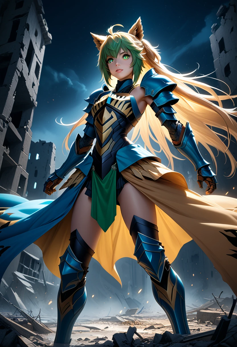 (masterpiece, top quality, best quality, beautiful and aesthetic:1.2), full body, SFW, extremely detailed, detailed eyes, green eyes, detailed hands, cinematic light, depth of field, 1girl, seducing smile, solo, official, (full armored knight:1.4), Atalanta Fate, slim body, cinematic lighting, dramatic lighting, dramatic atmosphere, hyper-realistic, high resolution, stunning contrast, high quality, best quality, 8k, 4k, intricately detailed, (amazing details:1.2), highly detailed skin, powerful presence, vibrant colors, (detailed eyes:1.2), striking eyes, (detailed background), (warzone on background, night, ruins), (dynamic angle:1.2), (dynamic pose:1.2)