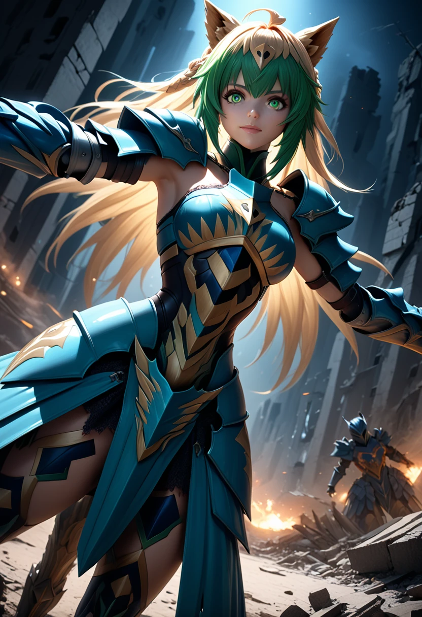 (masterpiece, top quality, best quality, beautiful and aesthetic:1.2), full body, SFW, extremely detailed, detailed eyes, green eyes, detailed hands, cinematic light, depth of field, 1girl, seducing smile, solo, official, (full armored knight:1.4), Atalanta Fate, slim body, cinematic lighting, dramatic lighting, dramatic atmosphere, hyper-realistic, high resolution, stunning contrast, high quality, best quality, 8k, 4k, intricately detailed, (amazing details:1.2), highly detailed skin, powerful presence, vibrant colors, (detailed eyes:1.2), striking eyes, (detailed background), (warzone on background, night, ruins), (dynamic angle:1.2), (dynamic pose:1.2)