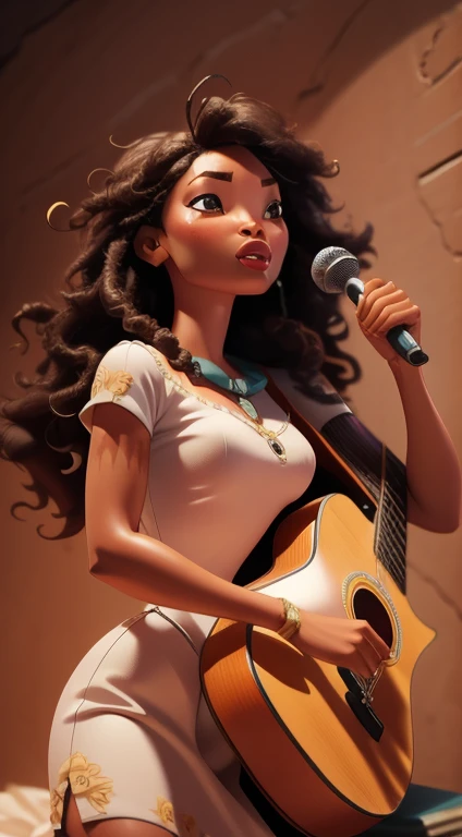 Beautiful African American woman playing guitar , singing into a microphone.