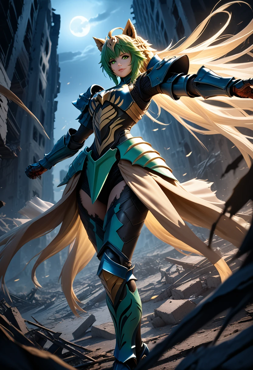 (masterpiece, top quality, best quality, beautiful and aesthetic:1.2), full body, SFW, extremely detailed, detailed eyes, green eyes, detailed hands, cinematic light, depth of field, 1girl, seducing smile, solo, official, (full armored knight:1.4), Atalanta Fate, slim body, cinematic lighting, dramatic lighting, dramatic atmosphere, hyper-realistic, high resolution, stunning contrast, high quality, best quality, 8k, 4k, intricately detailed, (amazing details:1.2), highly detailed skin, powerful presence, vibrant colors, (detailed eyes:1.2), striking eyes, (detailed background), (warzone on background, night, ruins), (dynamic angle:1.2), (dynamic pose:1.2)