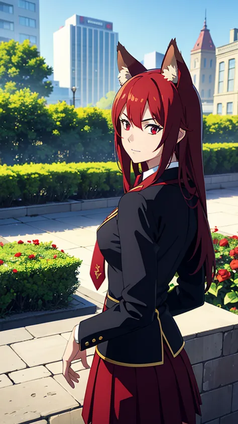 ((beautiful face)),1girl ,20s,mature female,(red hair),long hair,red eyes,fox ears,(garden,blue sky,city),serious,necktie,black ...