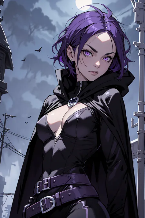 1girl, raven, black leotard, black cape, hood, purple hair, forehead jewel, purple eyes, short hair, belt, skin tight, standing,...