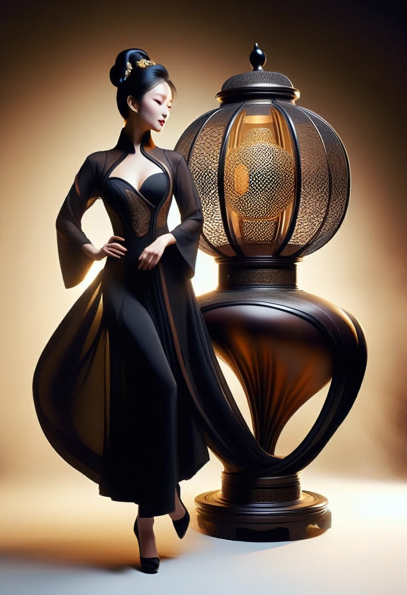 (((furniture product designs))), (display cabinet design), (with Chinese influence), opera, flexible lines, ((unique modern innovation from the shape)), combined with bronze and dark wood, ( (stylized shapes from Chinese dances)), 