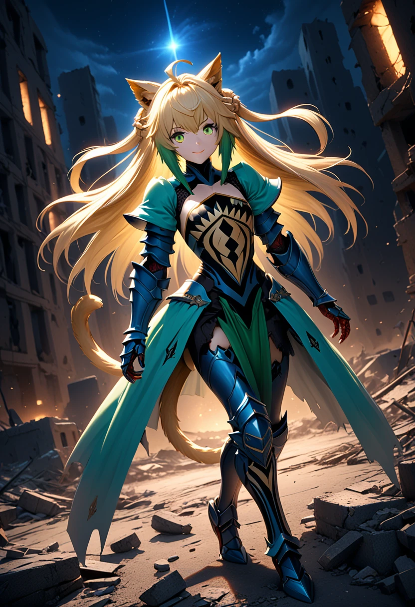 (masterpiece, top quality, best quality, beautiful and aesthetic:1.2), full body, SFW, extremely detailed, detailed eyes, green eyes, detailed hands, cinematic light, depth of field, 1girl, seducing smile, solo, official, (full armored knight:1.4), Atalanta Fate, slim body, blonde cat tail, cinematic lighting, dramatic lighting, dramatic atmosphere, hyper-realistic, high resolution, stunning contrast, high quality, best quality, 8k, 4k, intricately detailed, (amazing details:1.2), highly detailed skin, powerful presence, vibrant colors, (detailed eyes:1.2), striking eyes, (detailed background), (warzone on background, night, ruins), (dynamic angle:1.2), (dynamic pose:1.2)