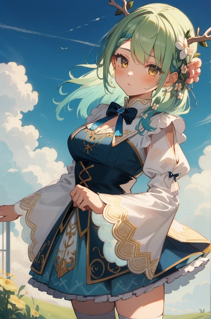 (masterpiece, best quality), intricate details,
(1girl),     Ceres Fauna, antlers, long hair, braided bangs, hair flower,  FaunaBase, long hair, braided bangs, hair flower, blue dress, wide sleeves, single thighhigh, bridal gauntlets,