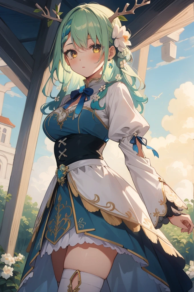 (masterpiece, best quality), intricate details,
(1girl),     Ceres Fauna, antlers, long hair, braided bangs, hair flower,  FaunaBase, long hair, braided bangs, hair flower, blue dress, wide sleeves, single thighhigh, bridal gauntlets,