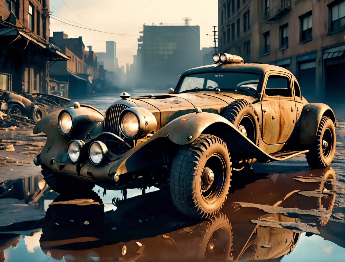 a photo of a dieselpunk sports car, 3/4 front view, survival, post-apocalyptic, cyberpunk, outdoors, ((night)), destruction, urban decay, reflective puddles masterpiece, overgrown city