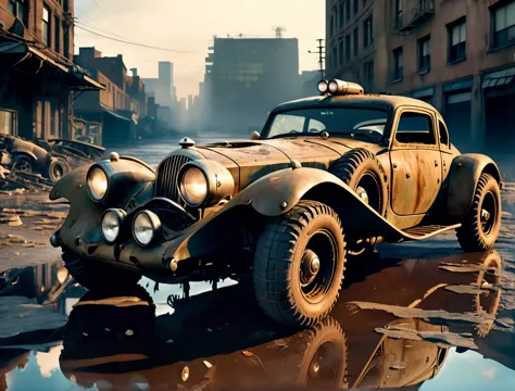 a photo of a dieselpunk sports car, 3/4 front view, survival, post-apocalyptic, cyberpunk, outdoors, ((night)), destruction, urb...